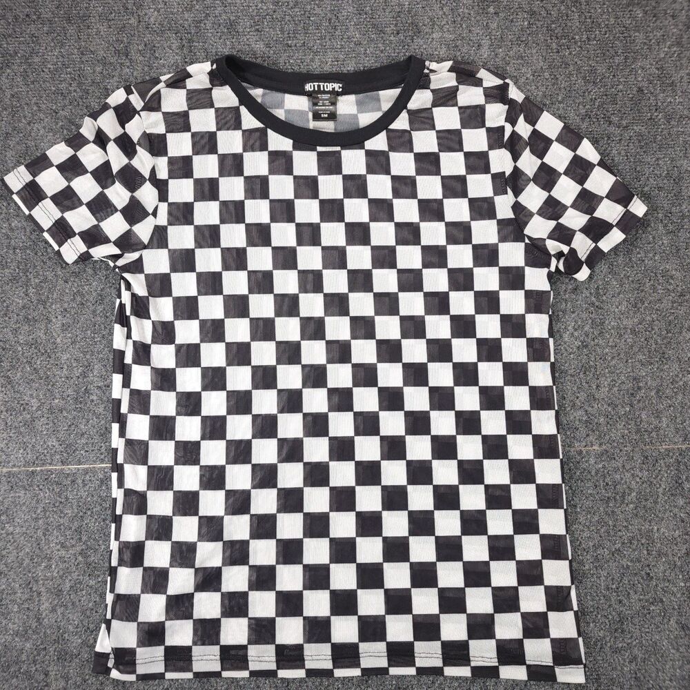 Hot Topic Checkered Short Sleeve Sheer T-Shirt Mens S Black/White Checkered